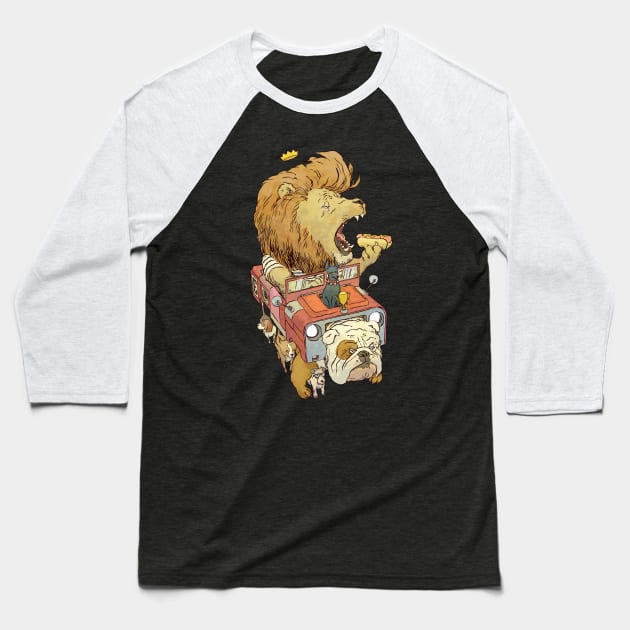 Lion in a Dog Car Baseball T-Shirt by jesse.lonergan